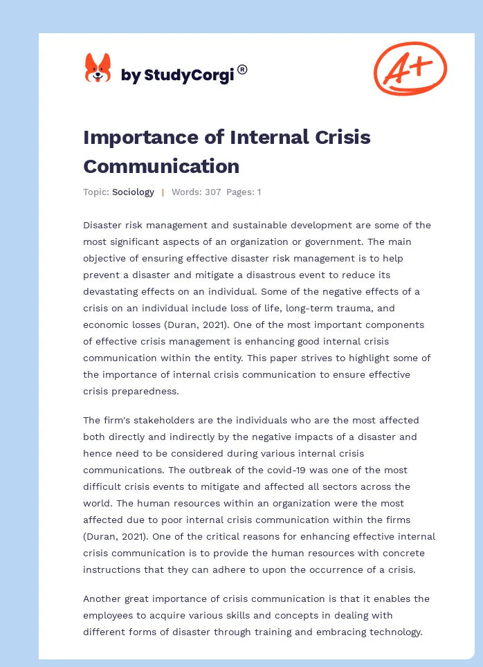 Importance of Internal Crisis Communication. Page 1