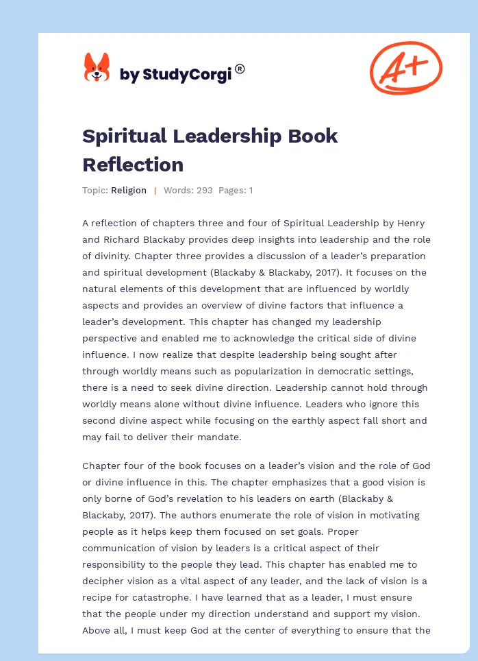 Spiritual Leadership Book Reflection. Page 1