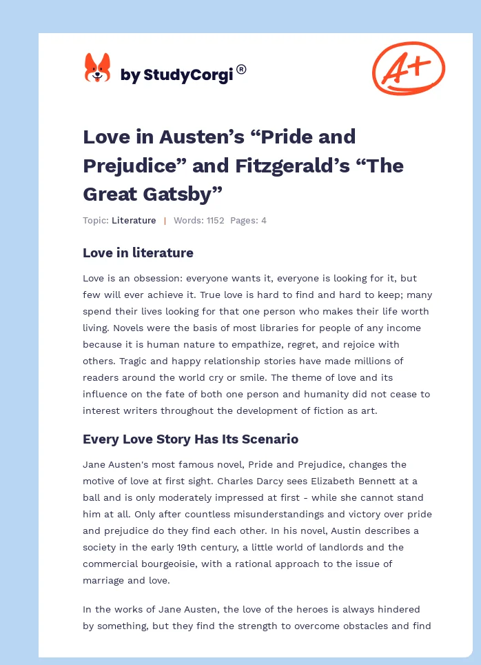 Love in Austen’s “Pride and Prejudice” and Fitzgerald’s “The Great Gatsby”. Page 1