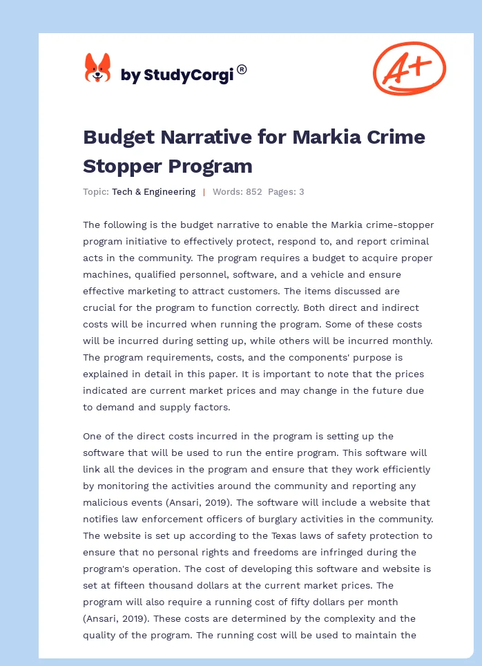 Budget Narrative for Markia Crime Stopper Program. Page 1