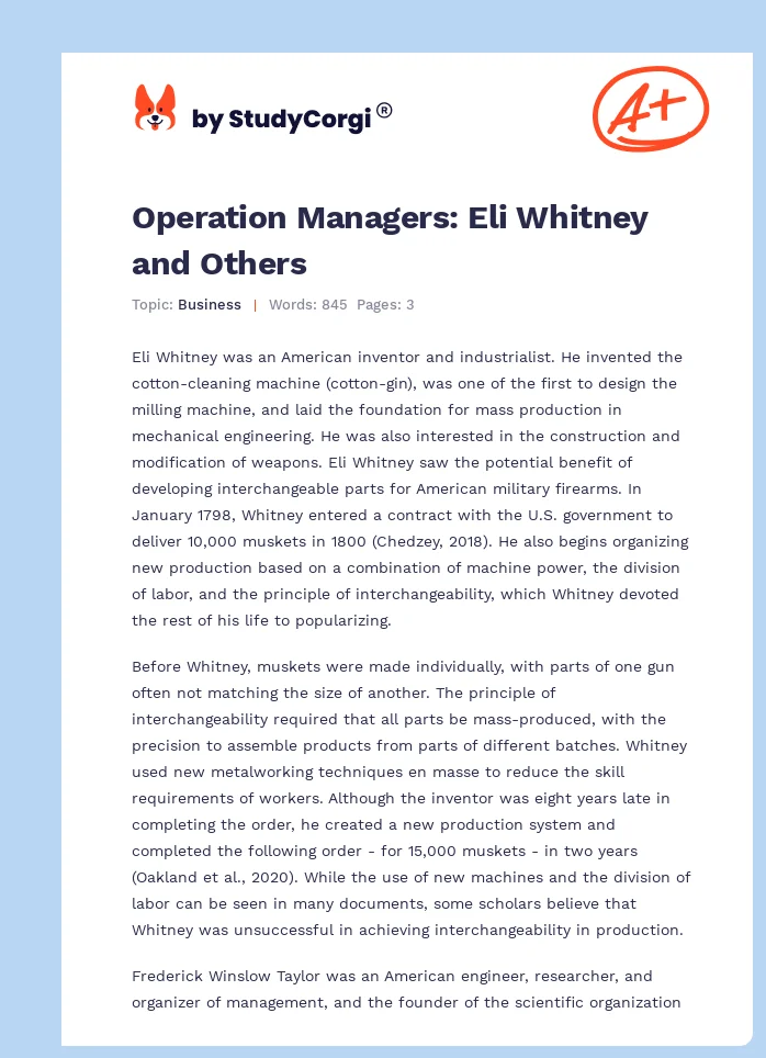 Operation Managers: Eli Whitney and Others. Page 1