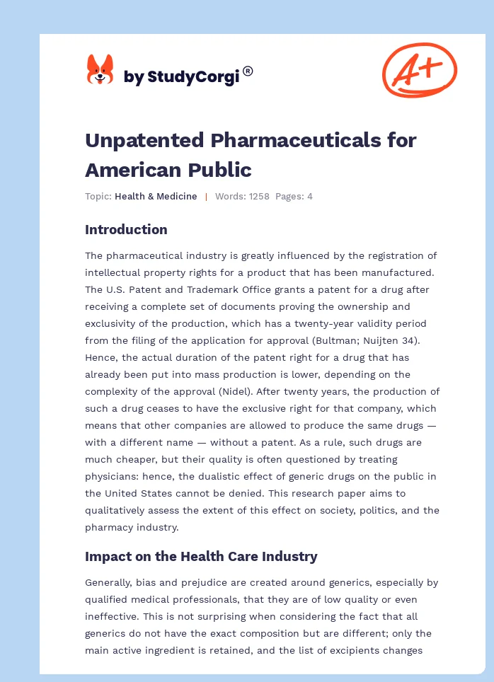 Unpatented Pharmaceuticals for American Public. Page 1