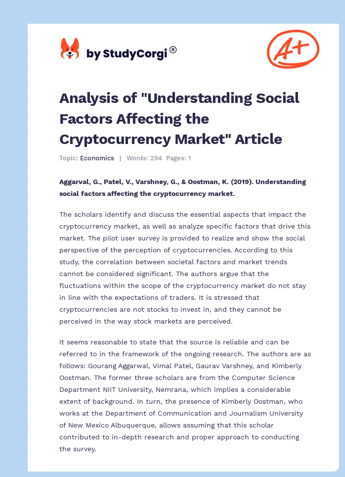 Analysis of "Understanding Social Factors Affecting the Cryptocurrency Market" Article. Page 1