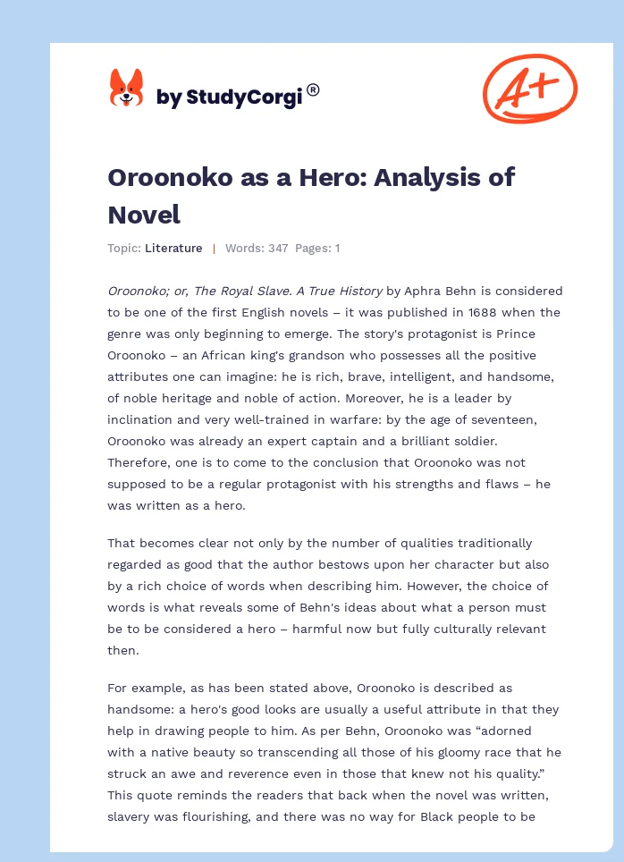 Oroonoko as a Hero: Analysis of Novel. Page 1
