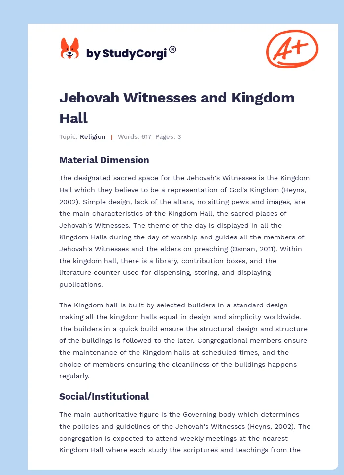 Jehovah Witnesses and Kingdom Hall. Page 1
