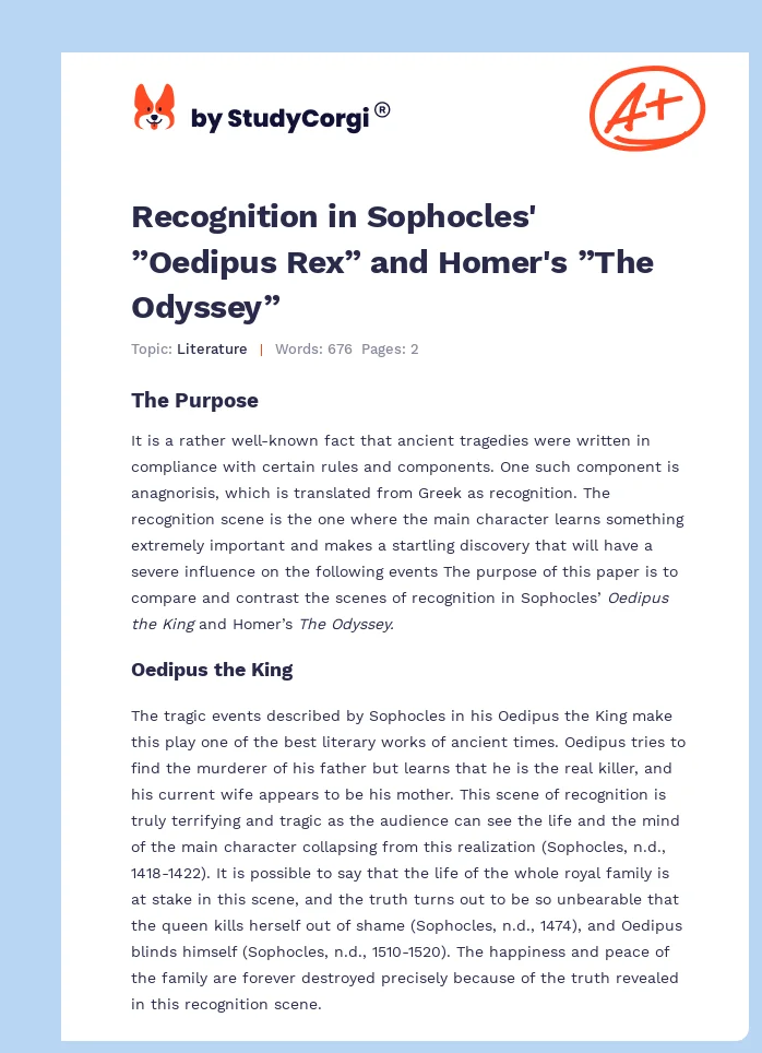 Recognition in Sophocles' ”Oedipus Rex” and Homer's ”The Odyssey”. Page 1