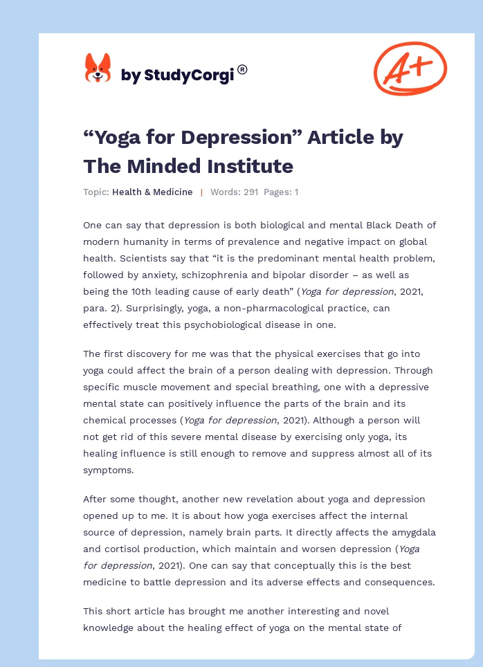 “Yoga for Depression” Article by The Minded Institute. Page 1