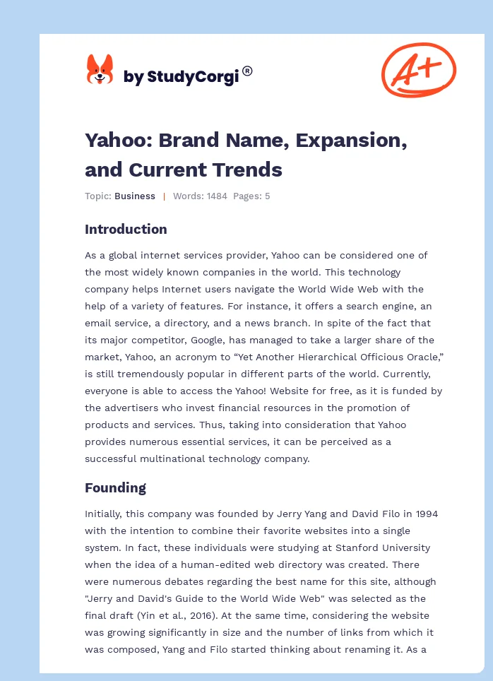 Yahoo: Brand Name, Expansion, and Current Trends. Page 1