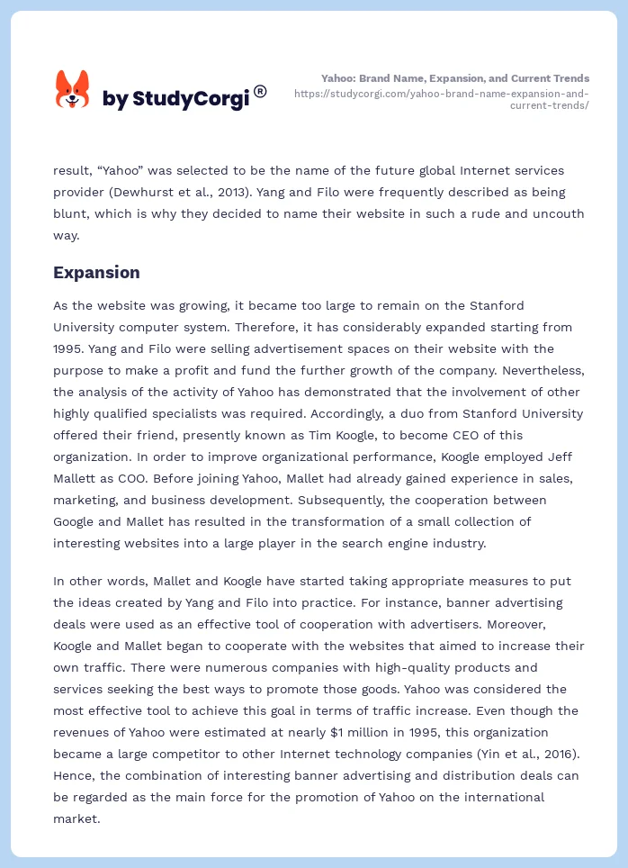 Yahoo: Brand Name, Expansion, and Current Trends. Page 2