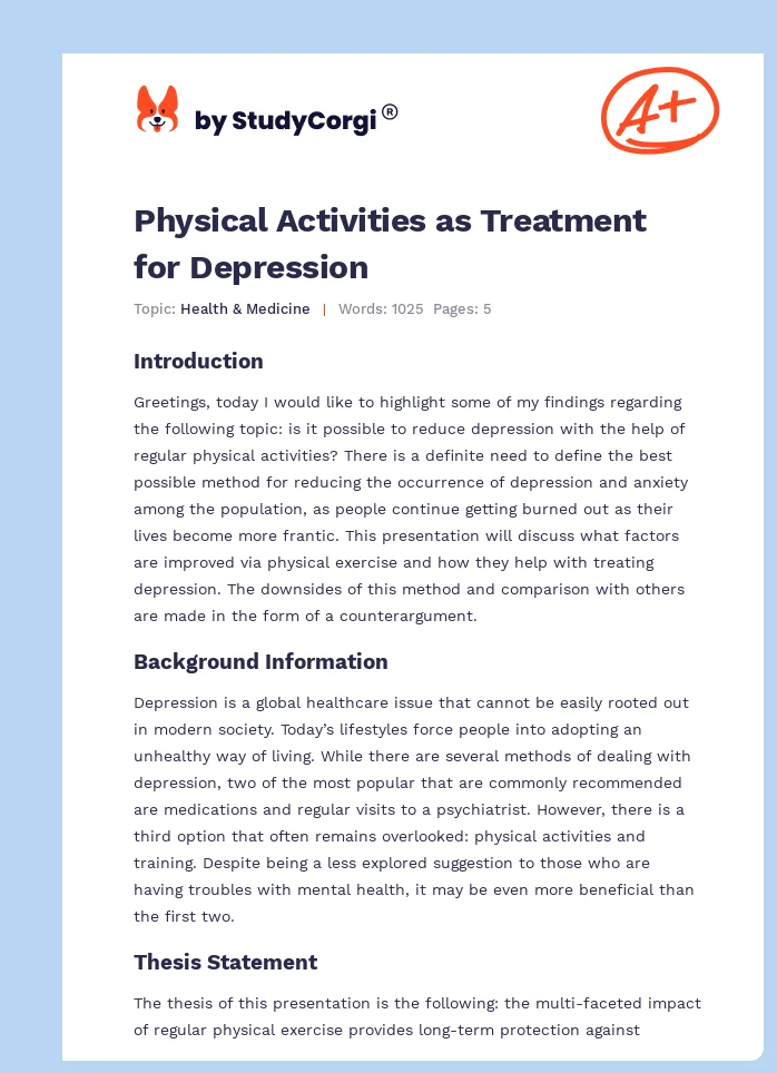 Physical Activities as Treatment for Depression. Page 1