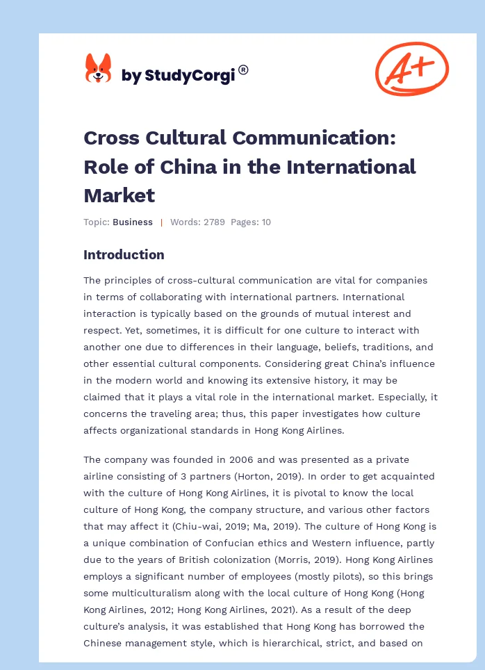 Cross Cultural Communication: Role of China in the International Market. Page 1