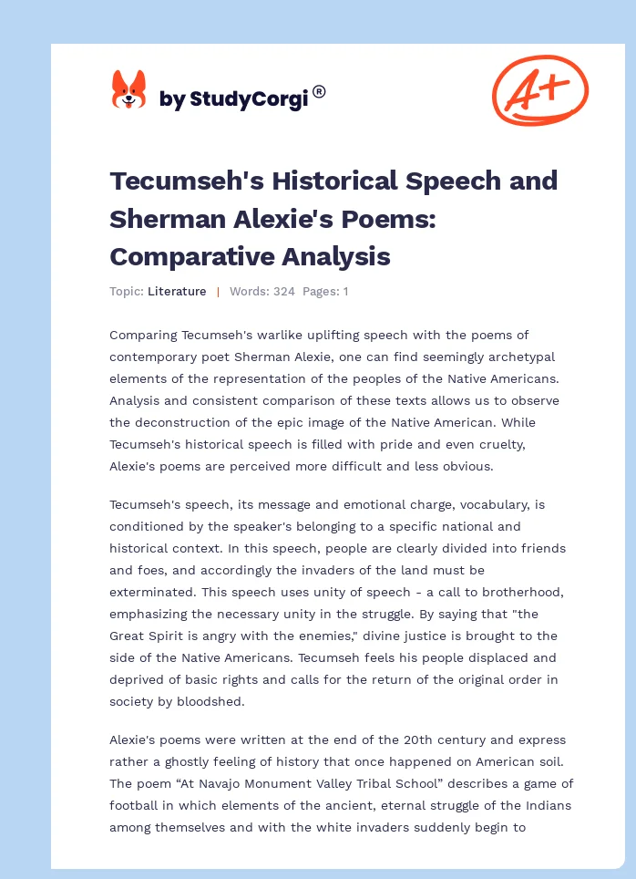 Tecumseh's Historical Speech and Sherman Alexie's Poems: Comparative Analysis. Page 1
