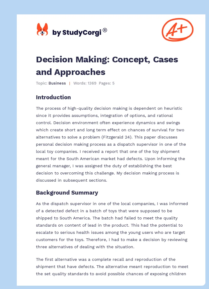 Decision Making: Concept, Cases and Approaches. Page 1