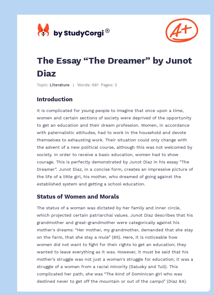 The Essay “The Dreamer” by Junot Diaz. Page 1