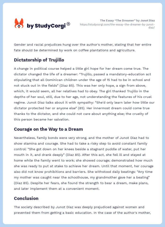The Essay “The Dreamer” by Junot Diaz. Page 2