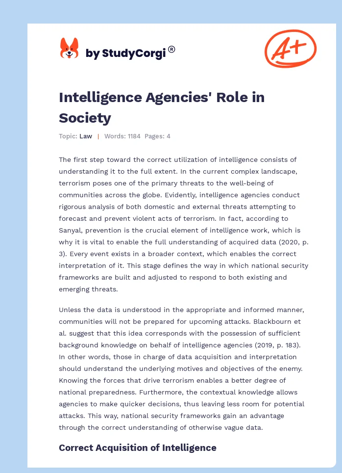 Intelligence Agencies' Role in Society. Page 1