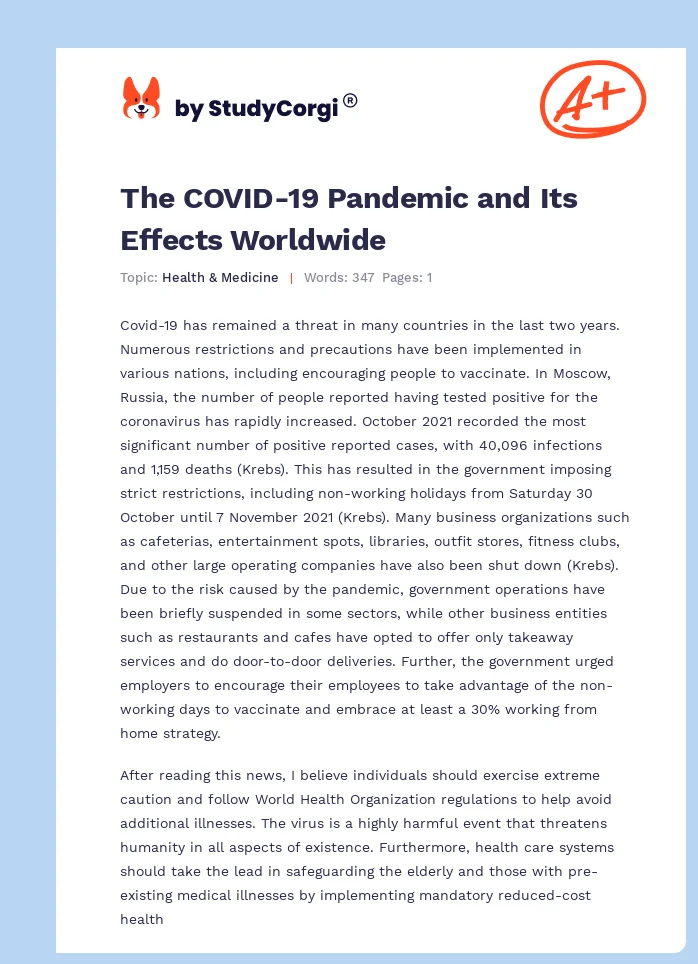 The COVID-19 Pandemic and Its Effects Worldwide. Page 1