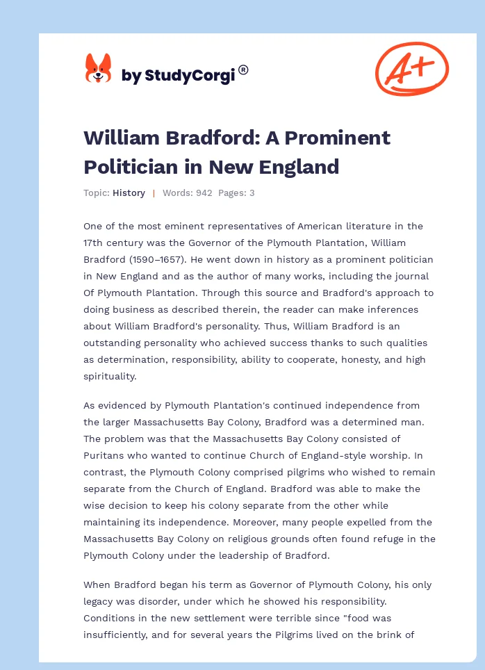 William Bradford: A Prominent Politician in New England. Page 1