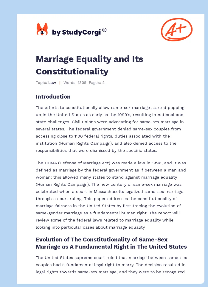 Marriage Equality and Its Constitutionality. Page 1