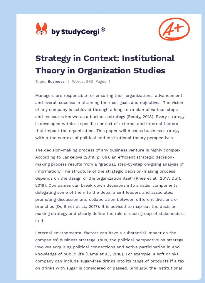 Strategy in Context: Institutional Theory in Organization Studies. Page 1