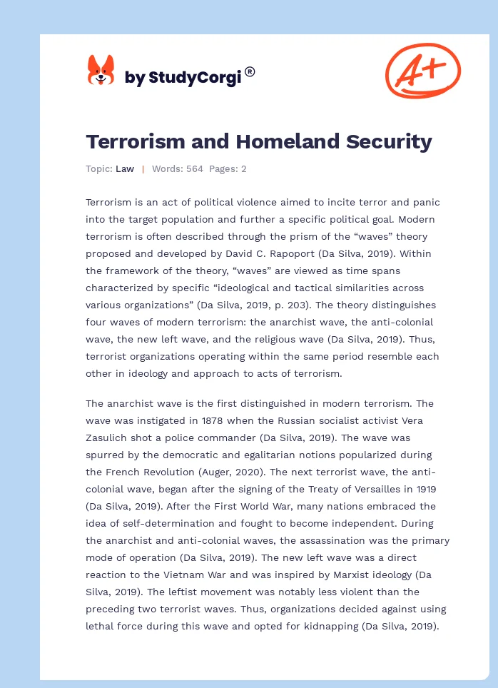 Terrorism and Homeland Security. Page 1