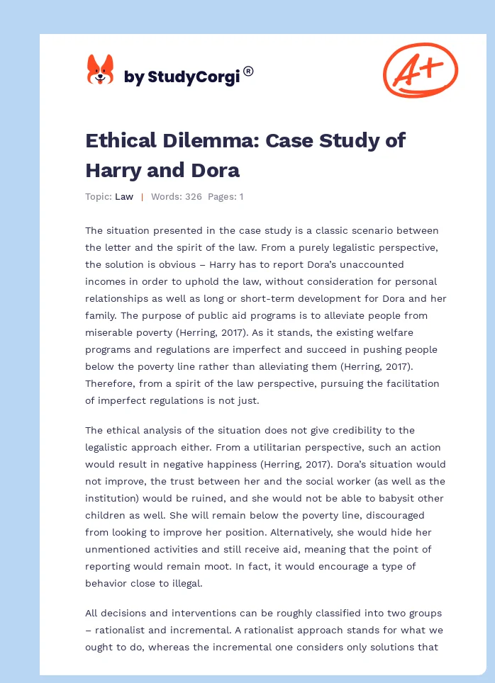 Ethical Dilemma: Case Study of Harry and Dora. Page 1