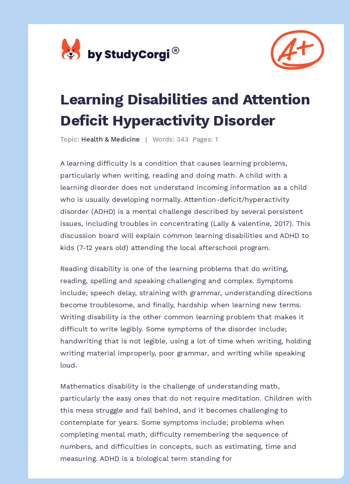 Learning Disabilities and Attention Deficit Hyperactivity Disorder. Page 1