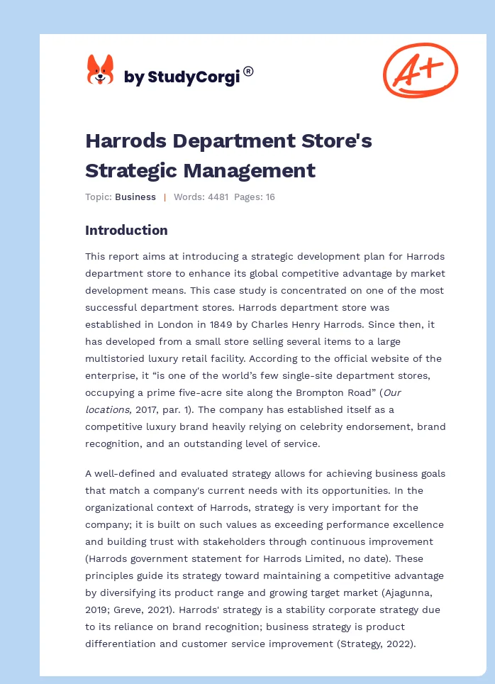 Harrods Department Store's Strategic Management. Page 1