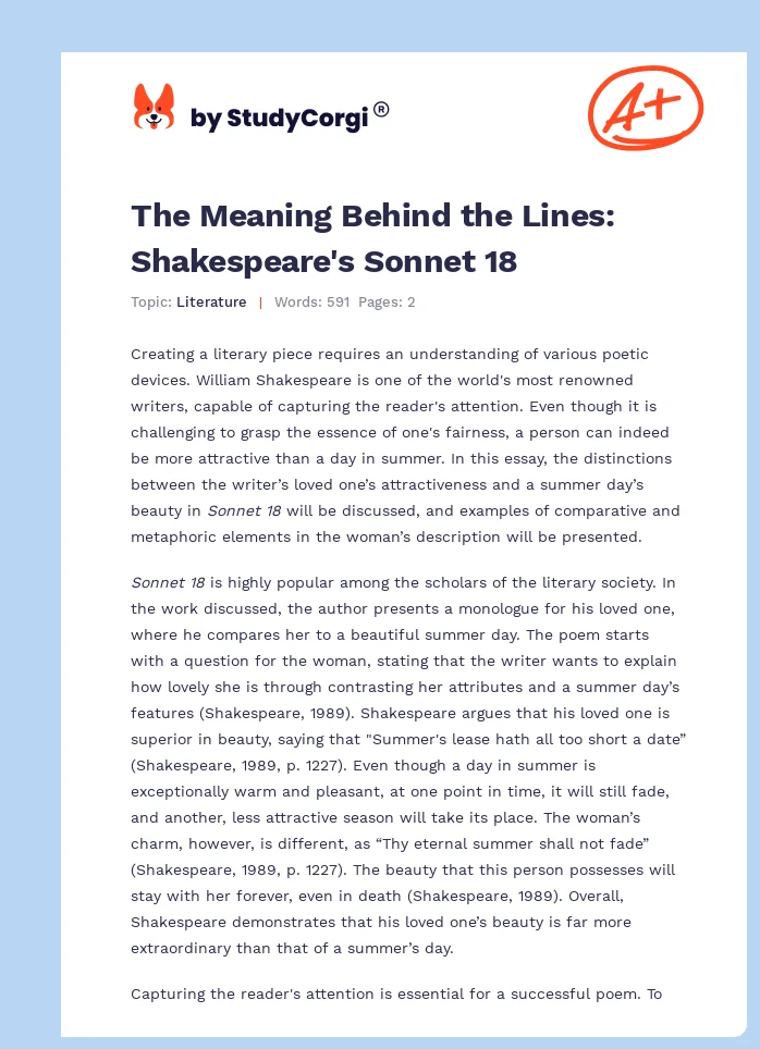 The Meaning Behind the Lines: Shakespeare's Sonnet 18. Page 1