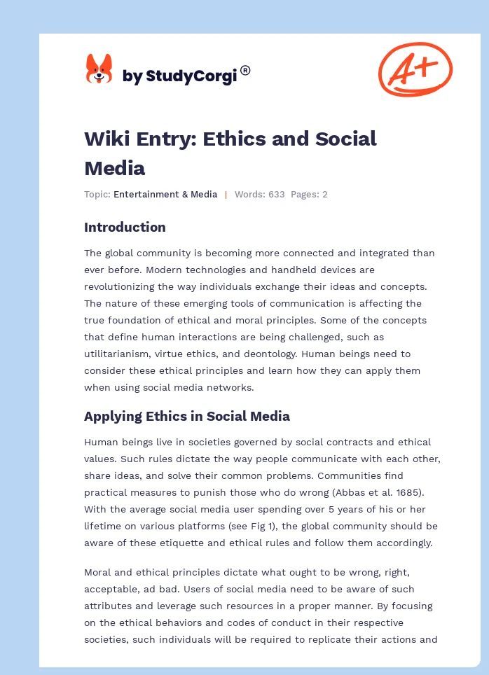Wiki Entry: Ethics and Social Media. Page 1