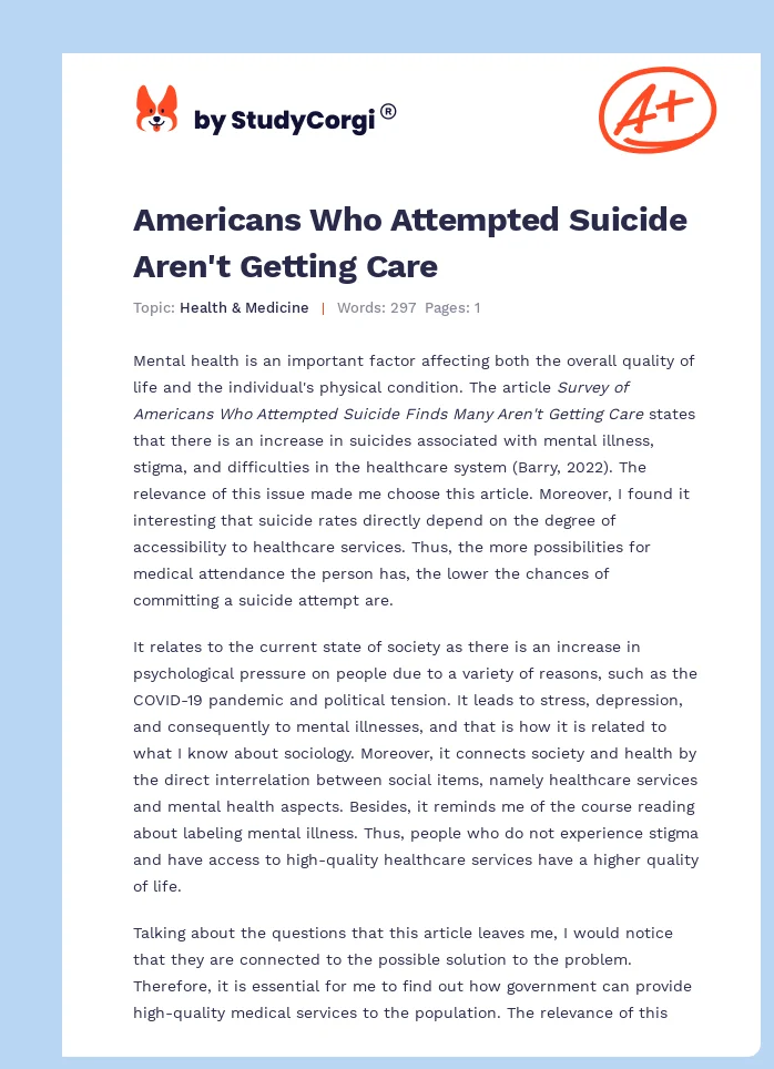 Americans Who Attempted Suicide Aren't Getting Care. Page 1