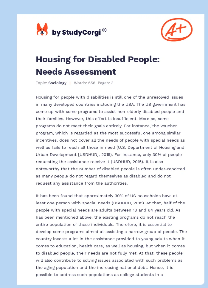 Housing for Disabled People: Needs Assessment. Page 1