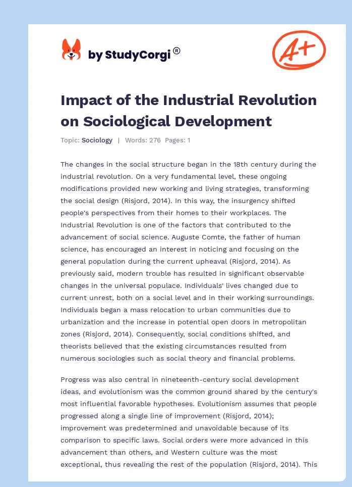 Impact of the Industrial Revolution on Sociological Development. Page 1