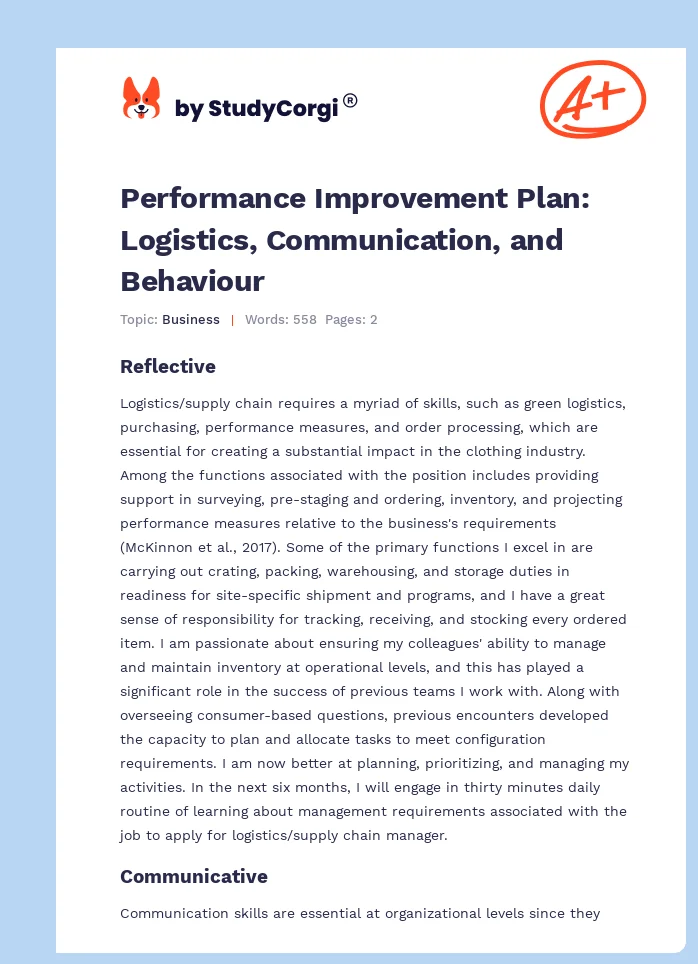Performance Improvement Plan: Logistics, Communication, and Behaviour. Page 1