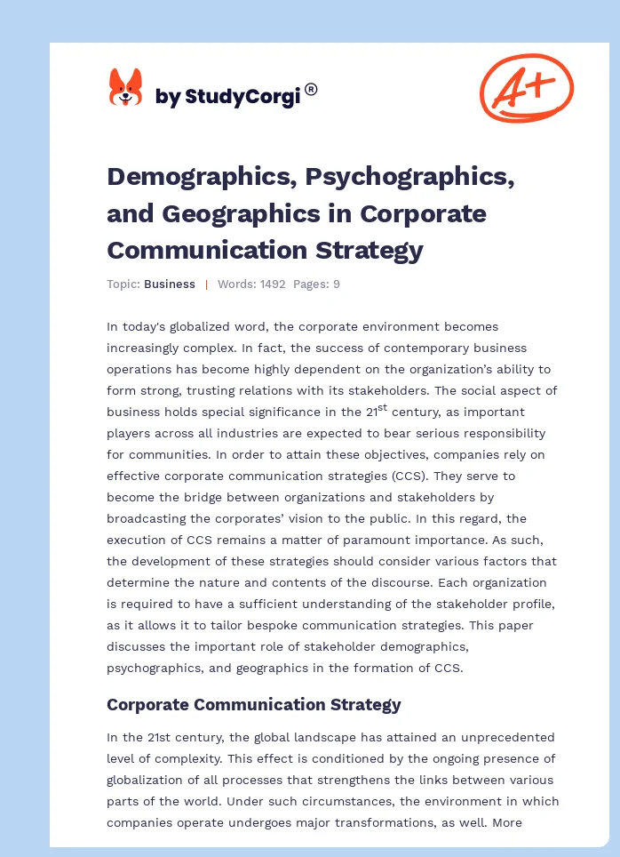 Demographics, Psychographics, and Geographics in Corporate Communication Strategy. Page 1