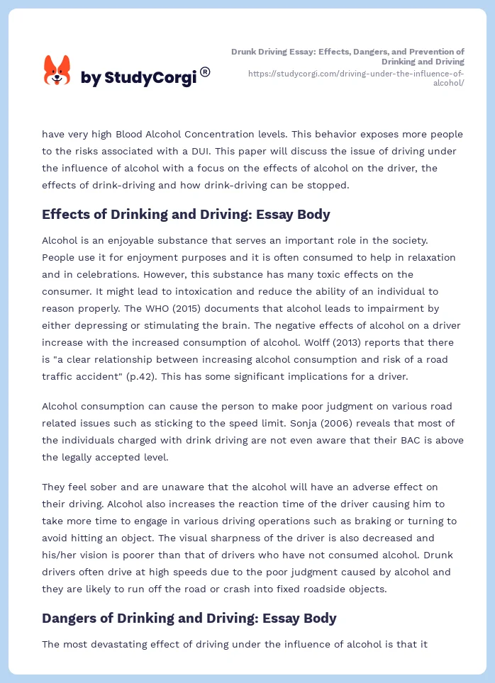 Drunk Driving Essay: Effects, Dangers, and Prevention of Drinking and Driving. Page 2
