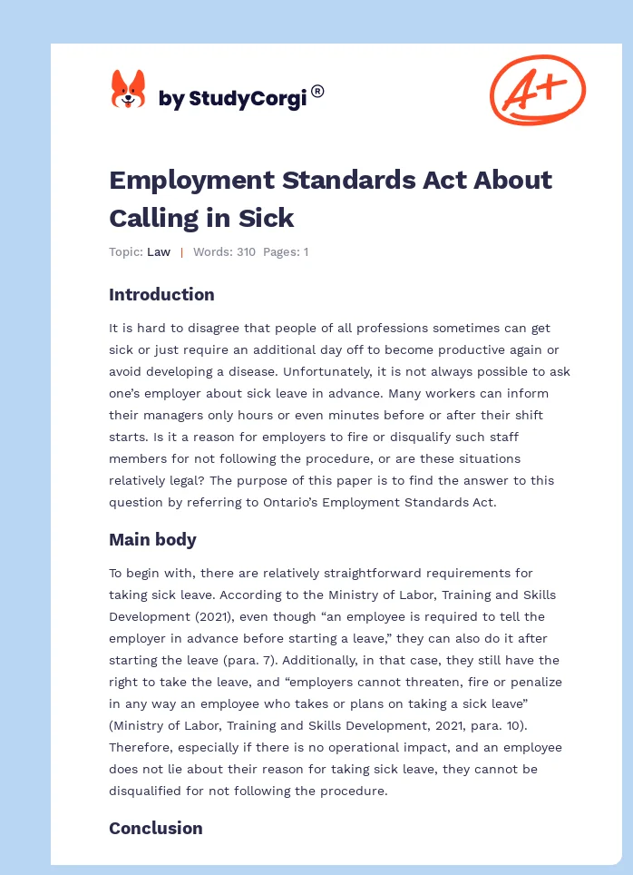 Employment Standards Act About Calling in Sick. Page 1