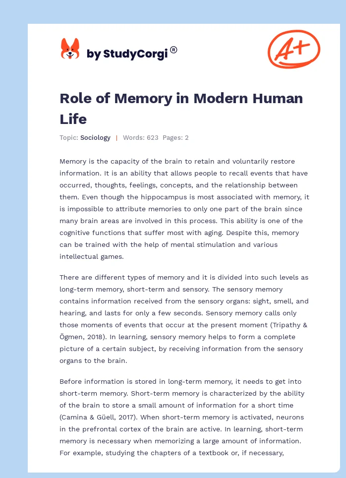 Role of Memory in Modern Human Life. Page 1