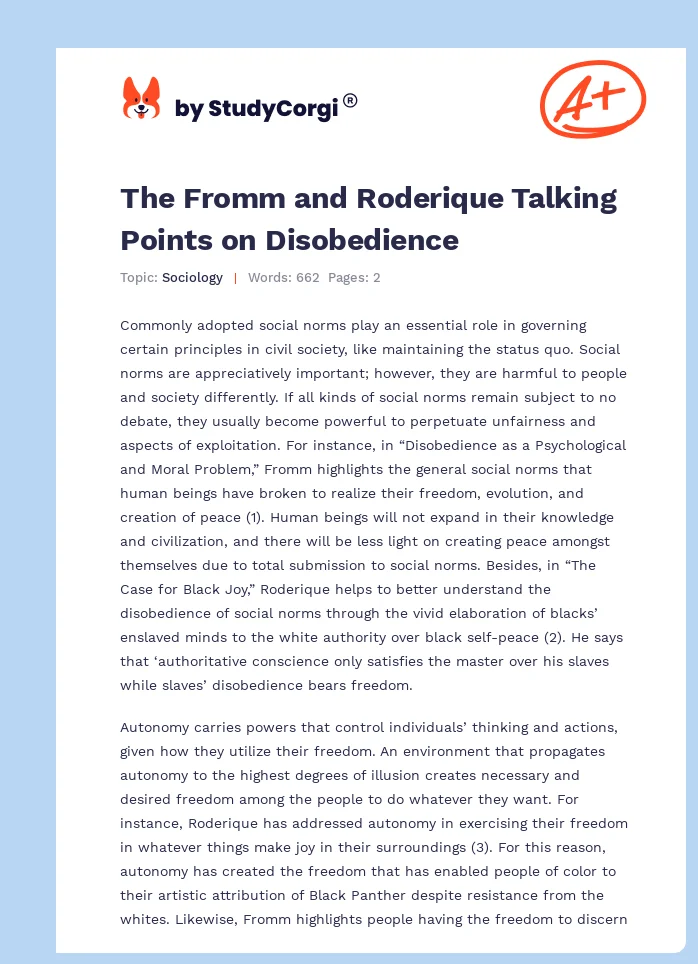 The Fromm and Roderique Talking Points on Disobedience. Page 1