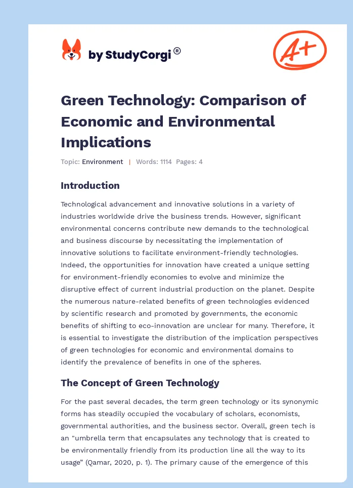 Green Technology: Comparison of Economic and Environmental Implications. Page 1