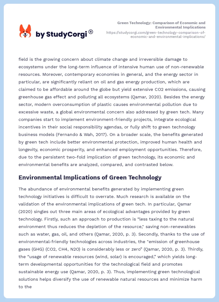Green Technology: Comparison of Economic and Environmental Implications. Page 2