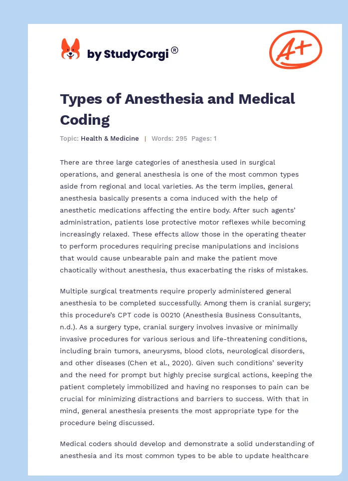 Types of Anesthesia and Medical Coding. Page 1