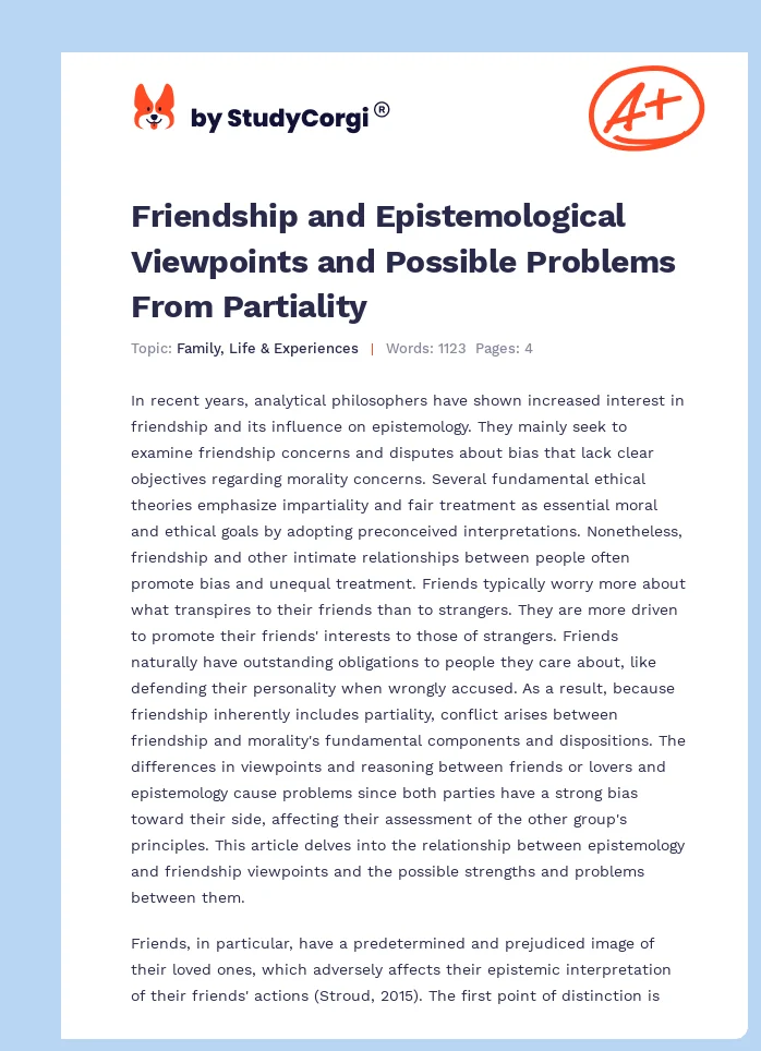 Friendship and Epistemological Viewpoints and Possible Problems From Partiality. Page 1