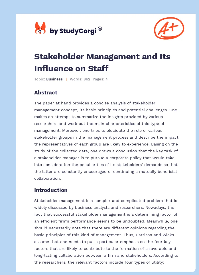 Stakeholder Management and Its Influence on Staff. Page 1