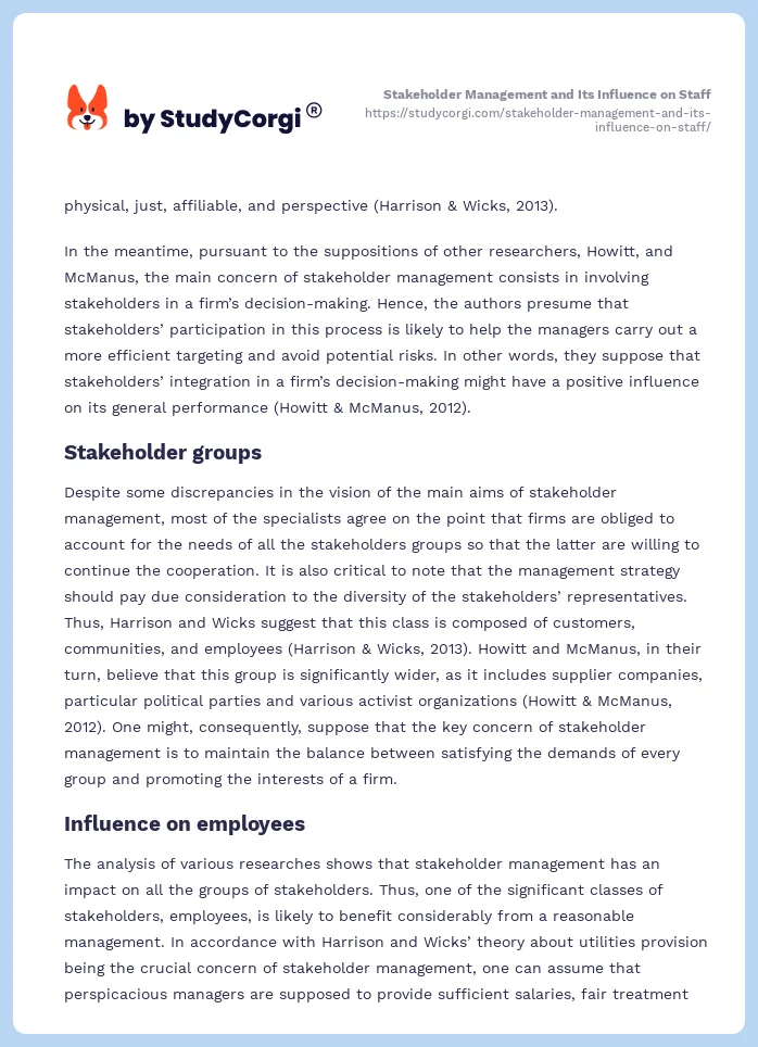 Stakeholder Management and Its Influence on Staff. Page 2