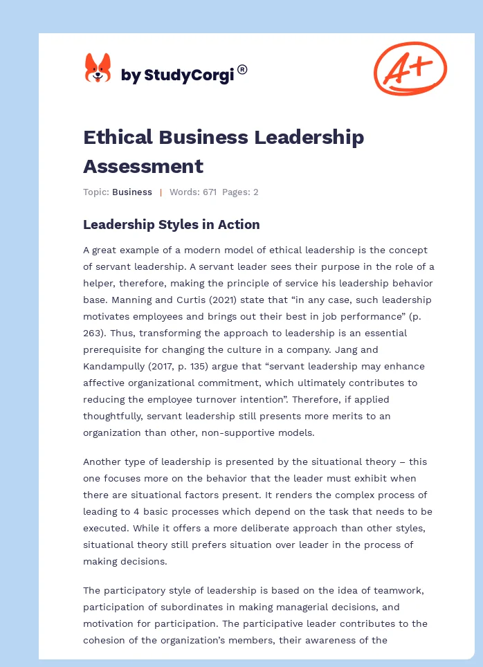Ethical Business Leadership Assessment. Page 1