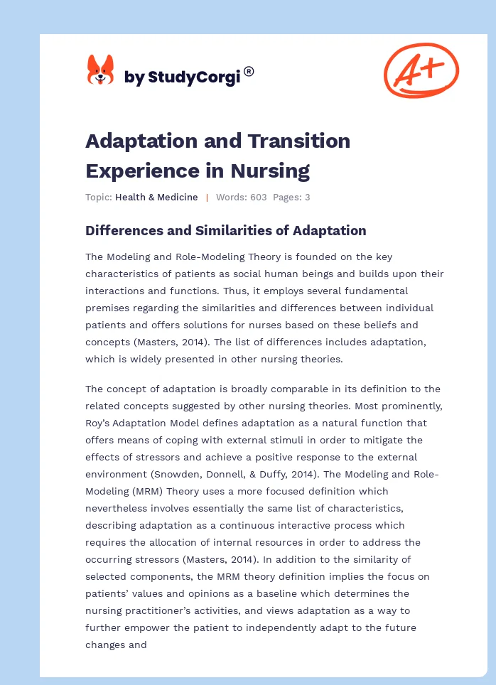 Adaptation and Transition Experience in Nursing. Page 1