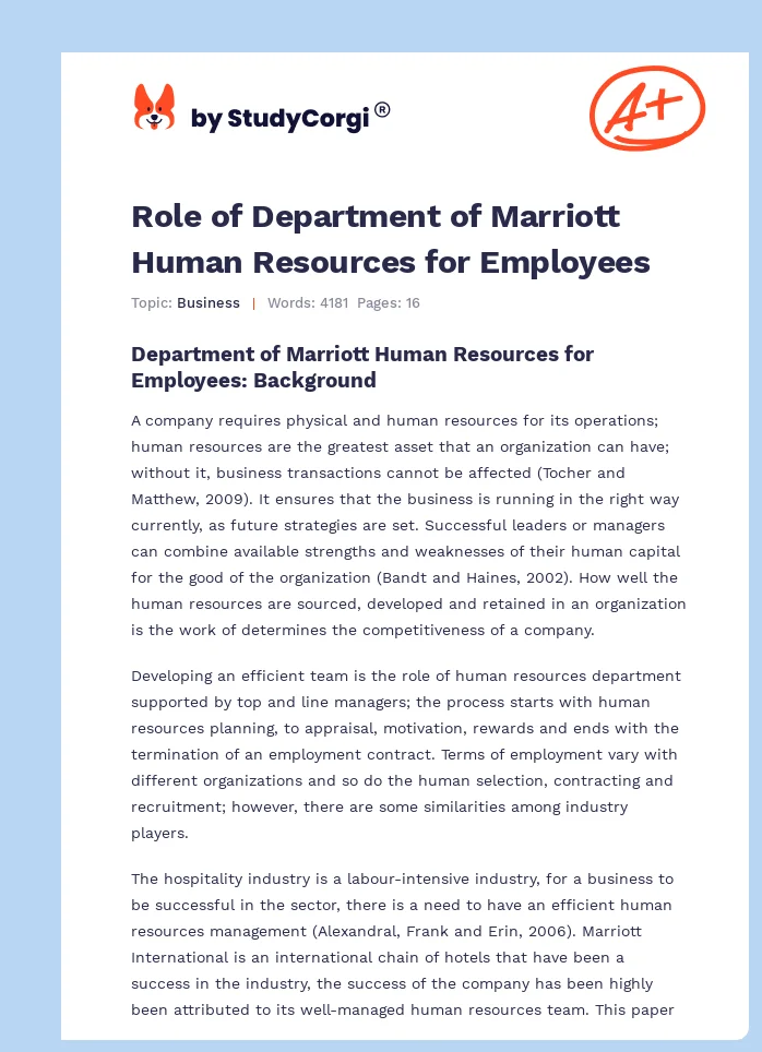 Role of Department of Marriott Human Resources for Employees. Page 1