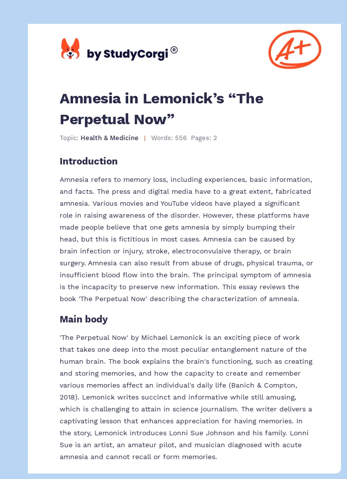 Amnesia in Lemonick’s “The Perpetual Now”. Page 1