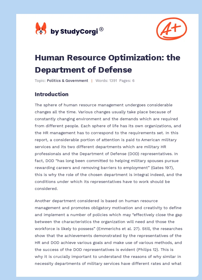 Human Resource Optimization: the Department of Defense. Page 1